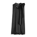 A midi dress with an elegant vest-style design, featuring a large front bow at the waist