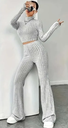 Women's two-piece set: long-sleeve blouse with round neck and high-waist pants