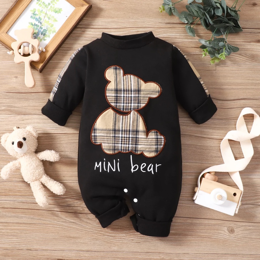 Plaid Patch Bear Long Sleeve Adjustable Overalls