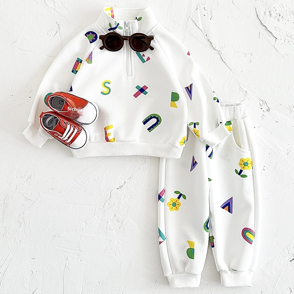 White Letter Printing Zipped Stand Collar Thickened Baby Long Sleeve Suit