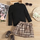 Pullover Check Pleated Short Skirt With Belt Two Piece Set