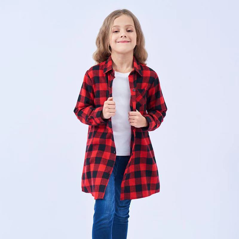 Mid-length Girls Plaid Shirt Long-sleeved Brushed