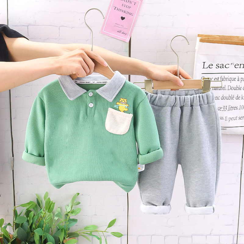 Children's Casual Fashion Polo Collar Bear Long-sleeved Sweater Two-piece Set 
