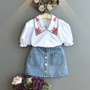 Girls Embroidery Doll Collar Bubble Short Sleeve Shirt Denim Skirt Set  