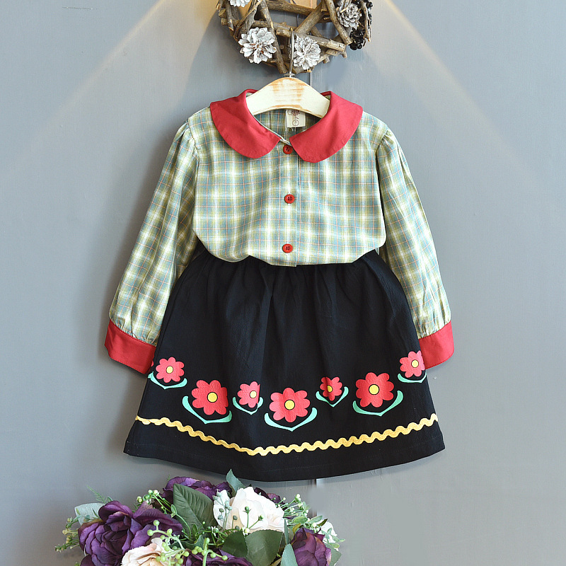 Girls Check Color Contrast Long-sleeved Shirt And Skirt Two-piece Suit 