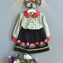 Girls Check Color Contrast Long-sleeved Shirt And Skirt Two-piece Suit 