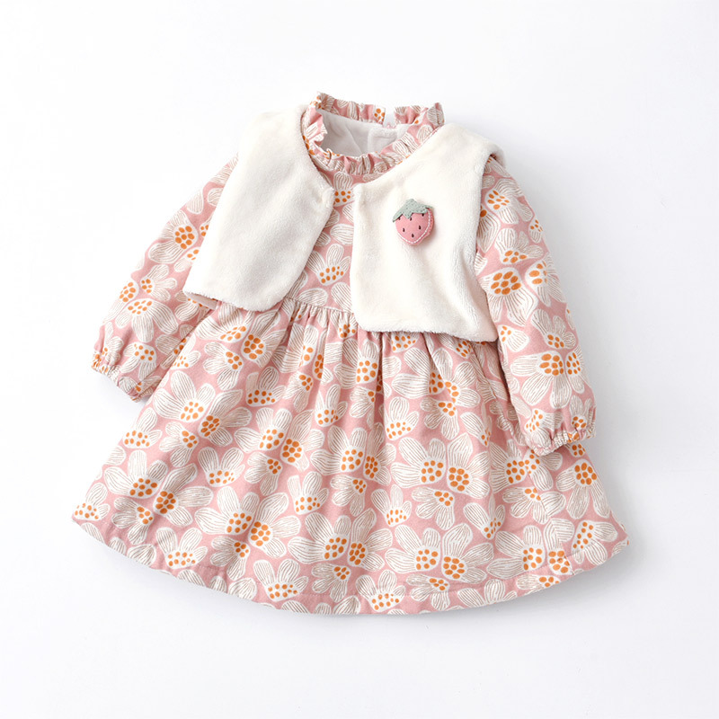 Children's Women's Floral Long-sleeved Plus Fleece Dress 