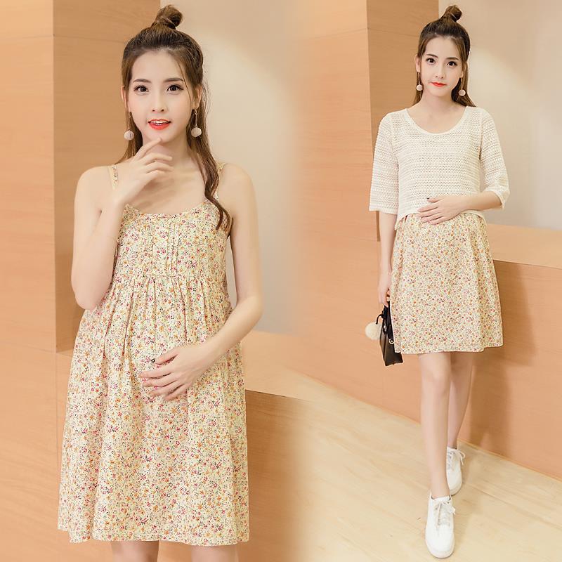 Fashion Maternity Skirt Fresh Summer Four Color Small Floral Maternity Skirt Two Piece Wash Water Cotton Net Vest Skirt