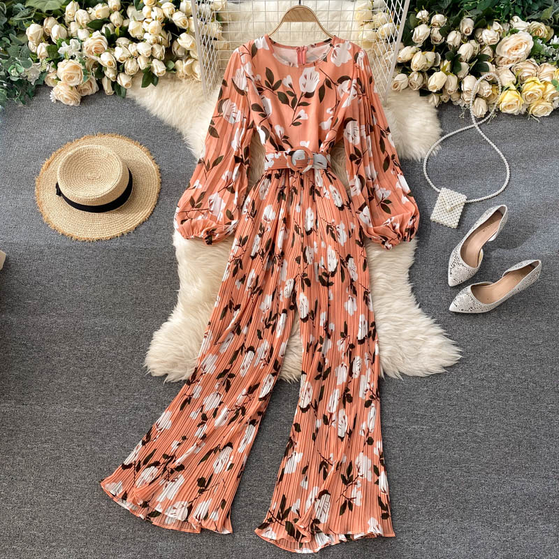 Printed Jumpsuit Slim-fit Long Pleated Wide-leg Pants