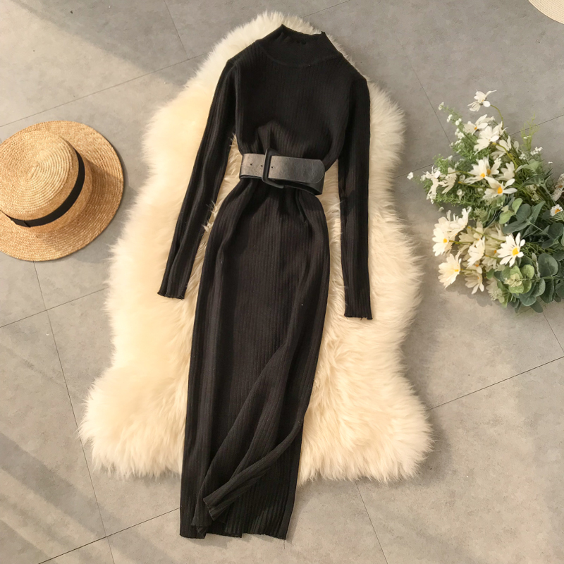 Fall and winter turtleneck sweater dress at the waist