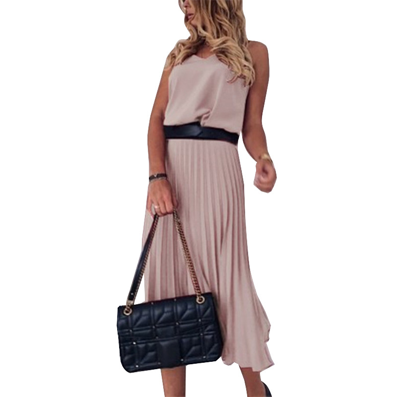 Solid Color Pleated Maxi Skirt With Sexy Suspenders