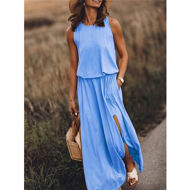 Round neck sleeveless split solid color dress