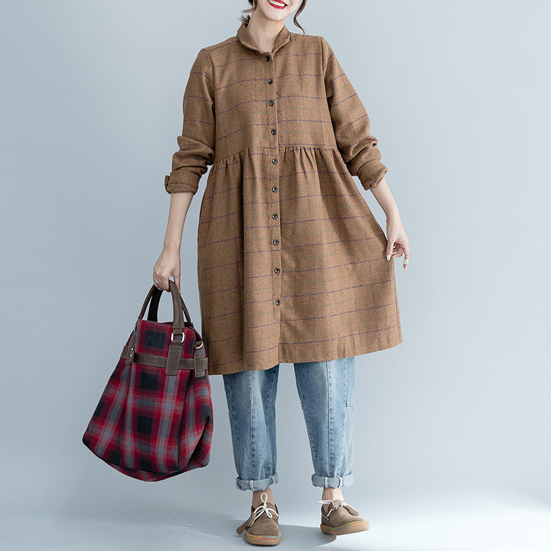 Mori women's autumn and winter new college wind wool long-sleeved long dress thick plaid skirt