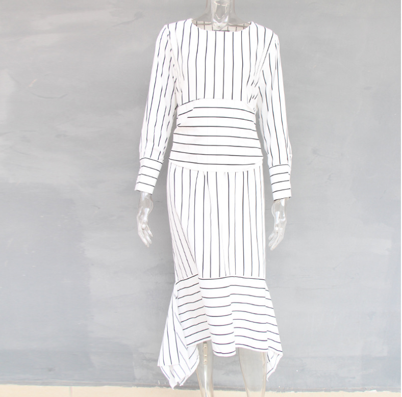 Europe and the United States loose large size striped straps long sleeves thin irregular dress female autumn