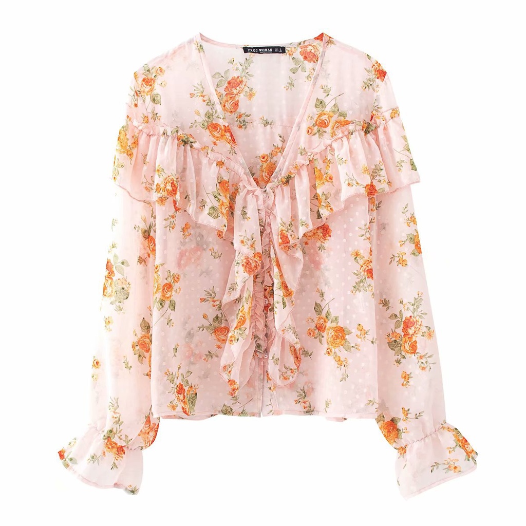 Fashion ruffled printed chiffon shirt