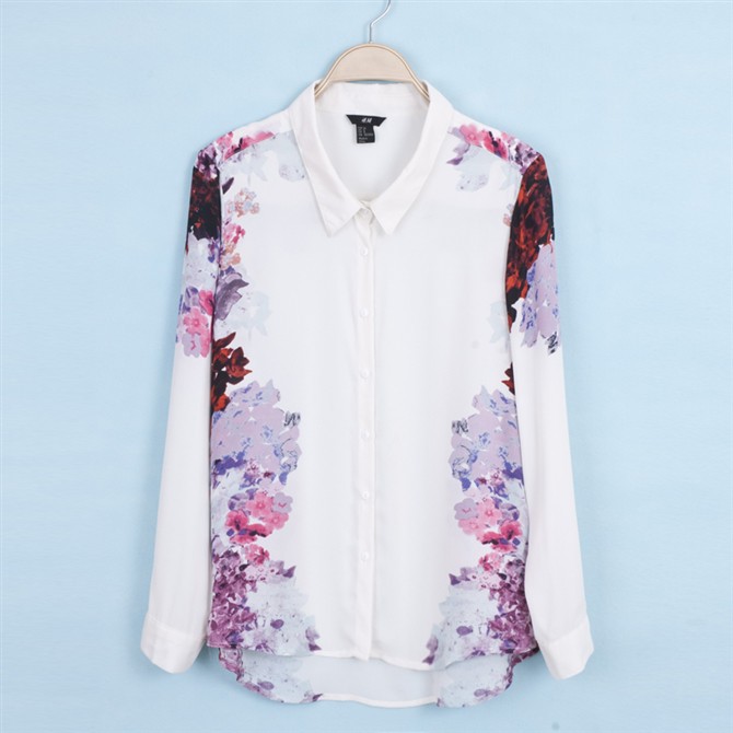 Printed lapel long sleeve chiffon shirt