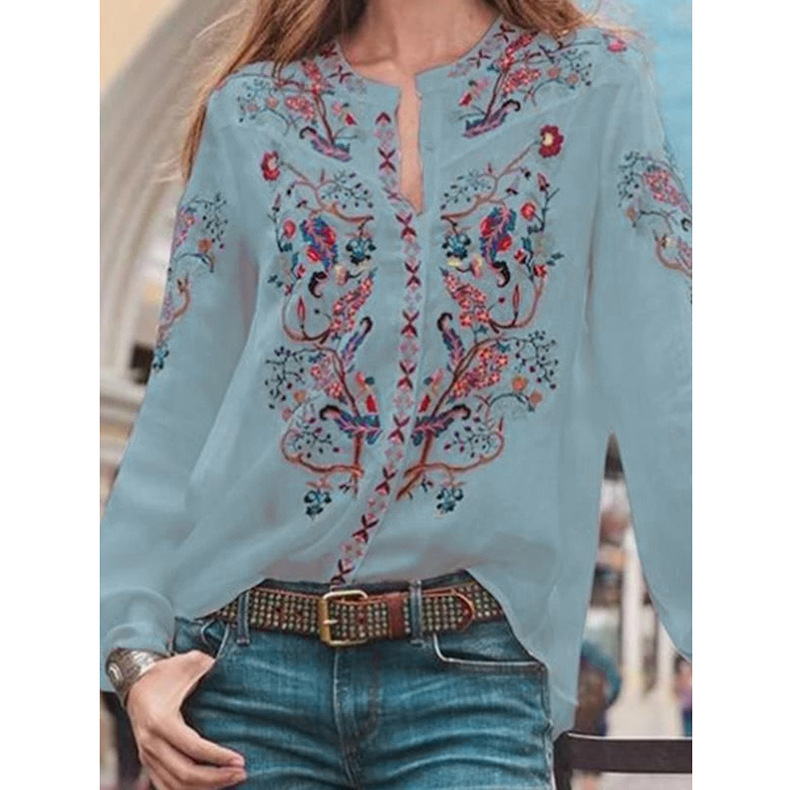 Wide loose shirt printed long sleeve shirt top