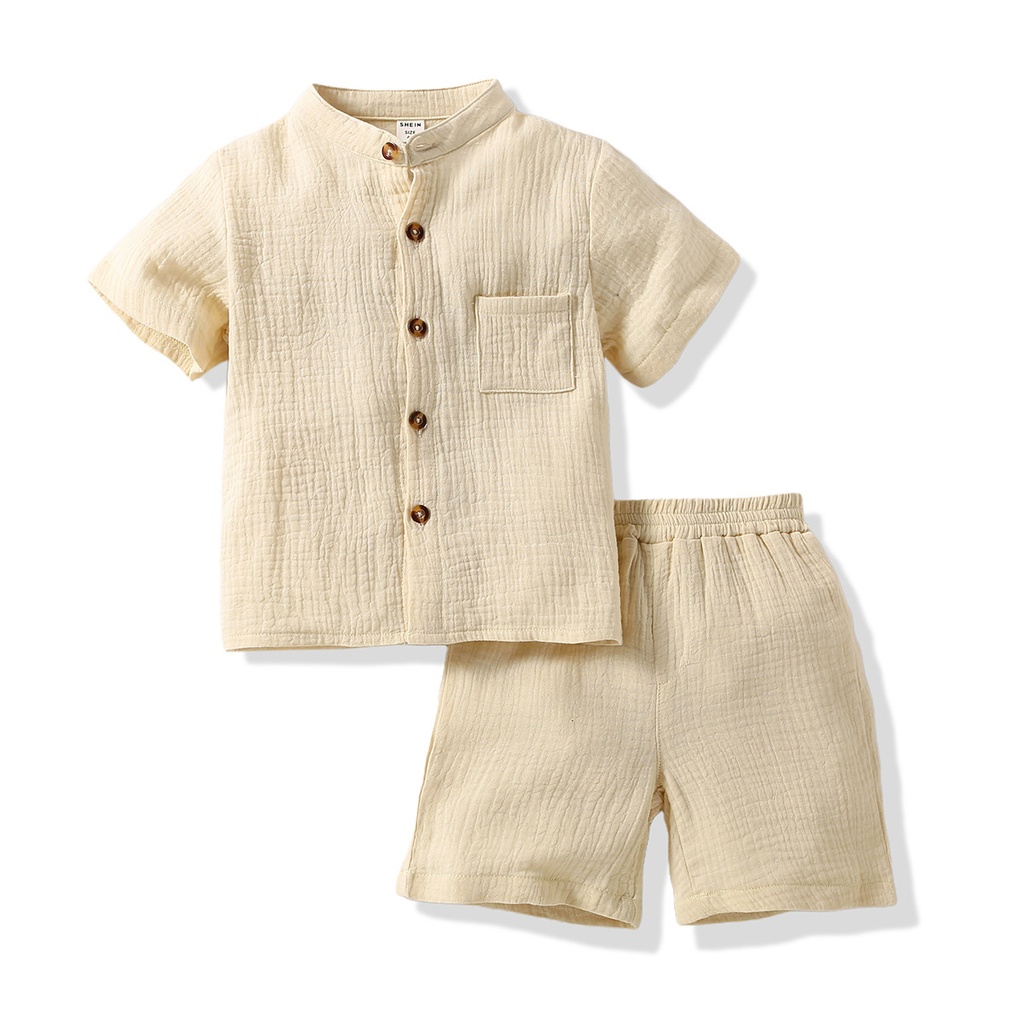 Stand Collar Short Sleeve Shirt Cotton Shorts Children's Suit