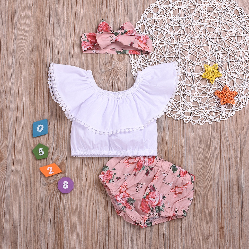 Two-color Baby Ruffled Collar Flower Shorts Headscarf Three-piece Set