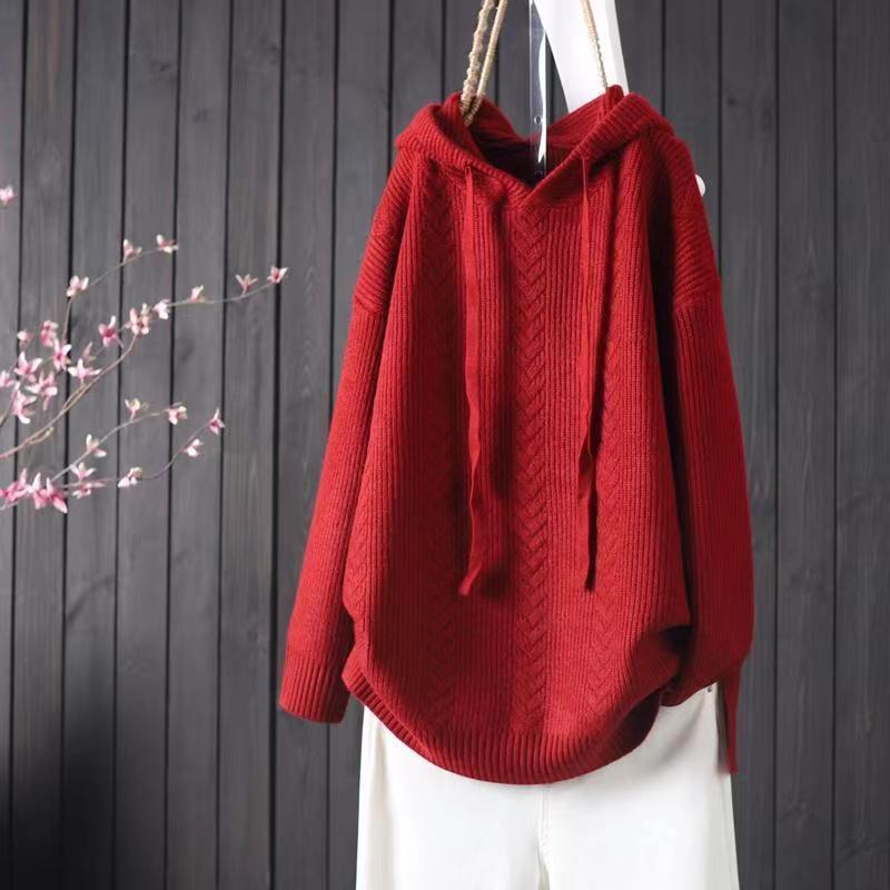 Solid Color Hooded Lacing Mid-length Knitwear Sweater