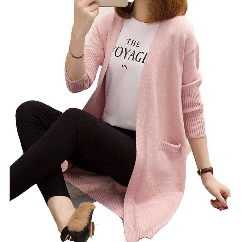 Women's Fashion Casual Double Pocket Mid-length Knitted Cardigan Sweater