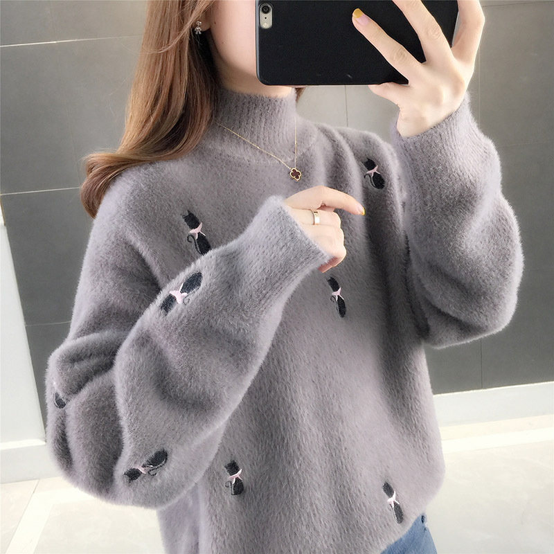 Mink Velvet  Women's Half High Neck Sweater Loose Embroidered Top
