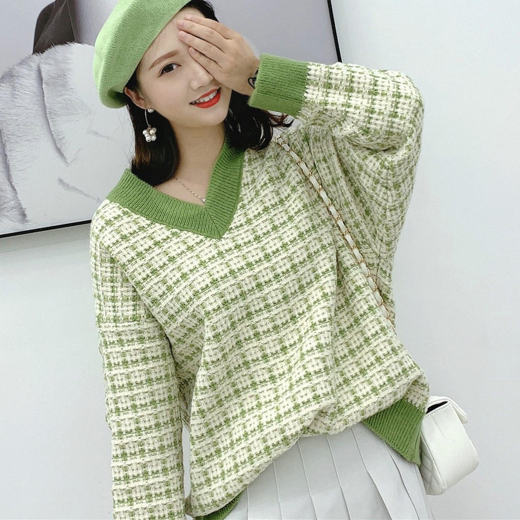 Autumn Checkered Knit Pullover Short Loose Sweater