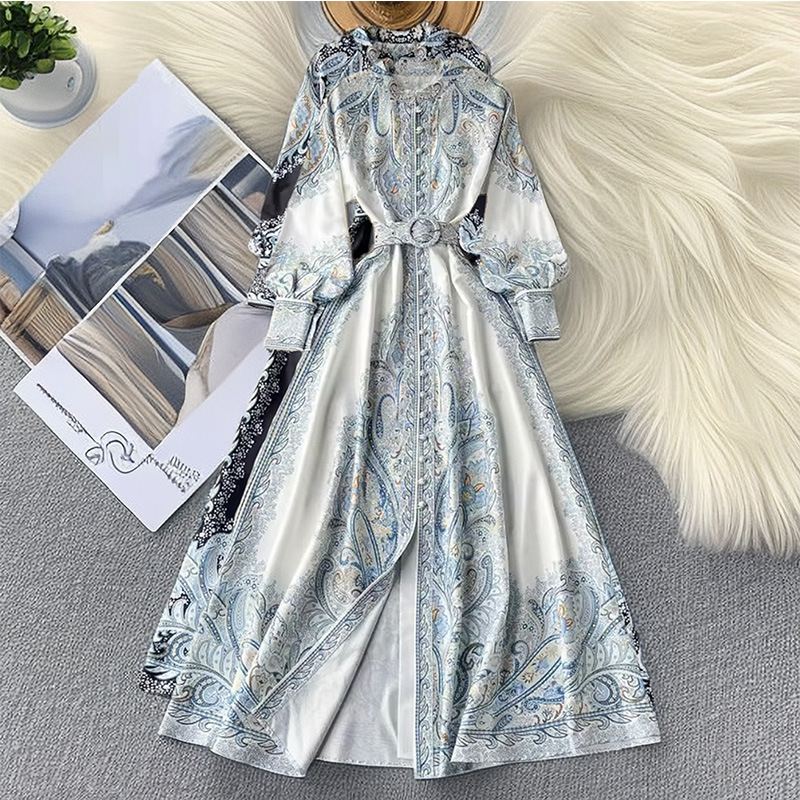 Style Lapel Lantern Sleeve Printed Dress Women
