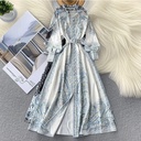 Style Lapel Lantern Sleeve Printed Dress Women