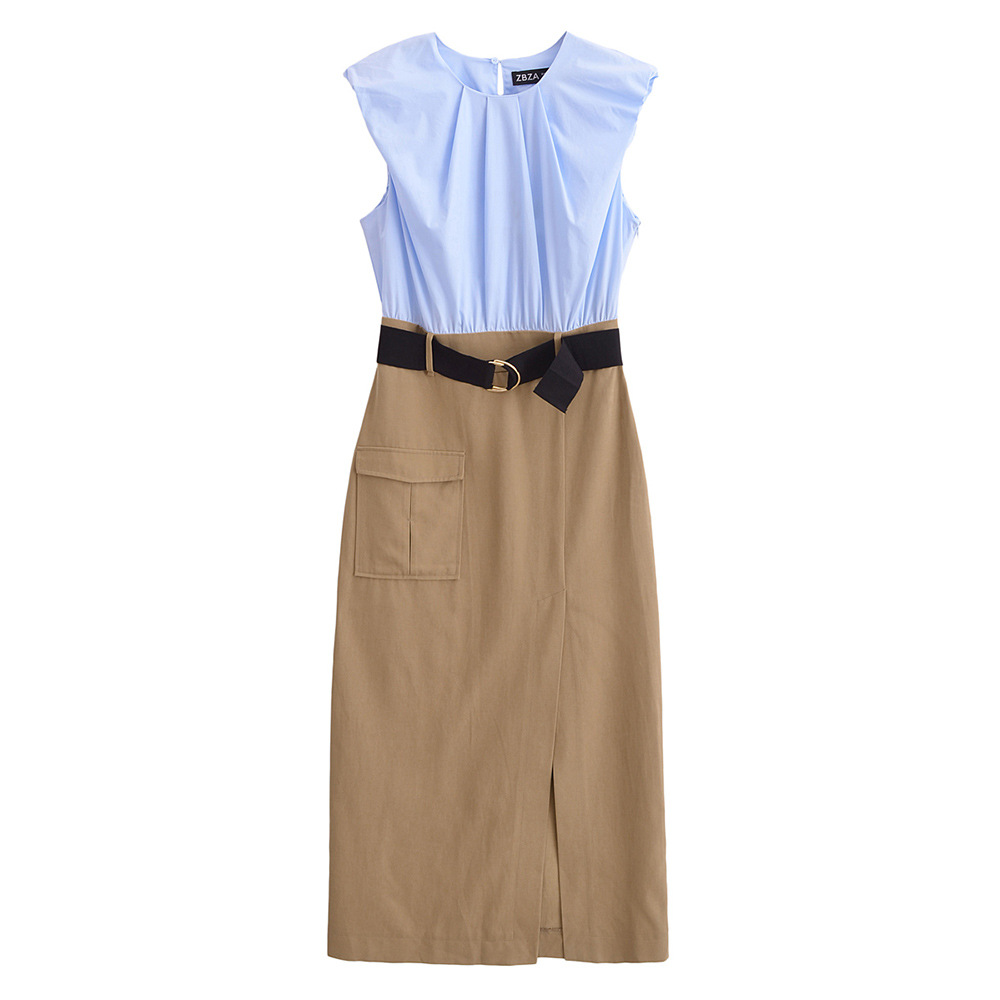 Women's Sweet Fresh Elegant Holiday Wind Belt Belt Contrast Color Midi Skirt Dress