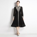 Long Sleeve Gold Thread Embroidered Elegant Midi Dress