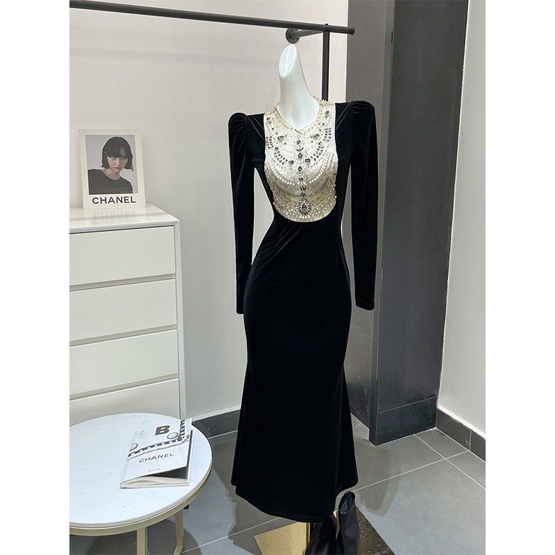 Black Heavy Industry Velvet Beads Dress Female Autumn Dress