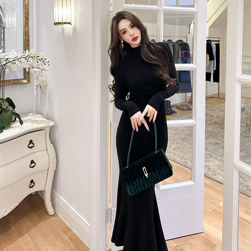 Retro Long Sleeve Slim Slimming Fishtail Dress