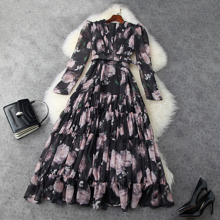 Women's New Puff Sleeve V-neck Waist-controlled Large Hem Chiffon Printed Dress