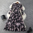 Women's New Puff Sleeve V-neck Waist-controlled Large Hem Chiffon Printed Dress