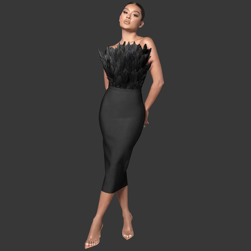Winter New Feather Tube Top Dress Elegant Graceful Tight Dress