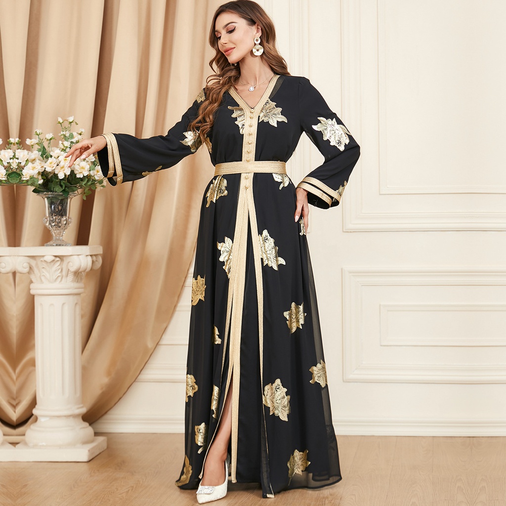 A luxurious and elegant caftan dress with a modern design, inspired by authentic Arabic heritage