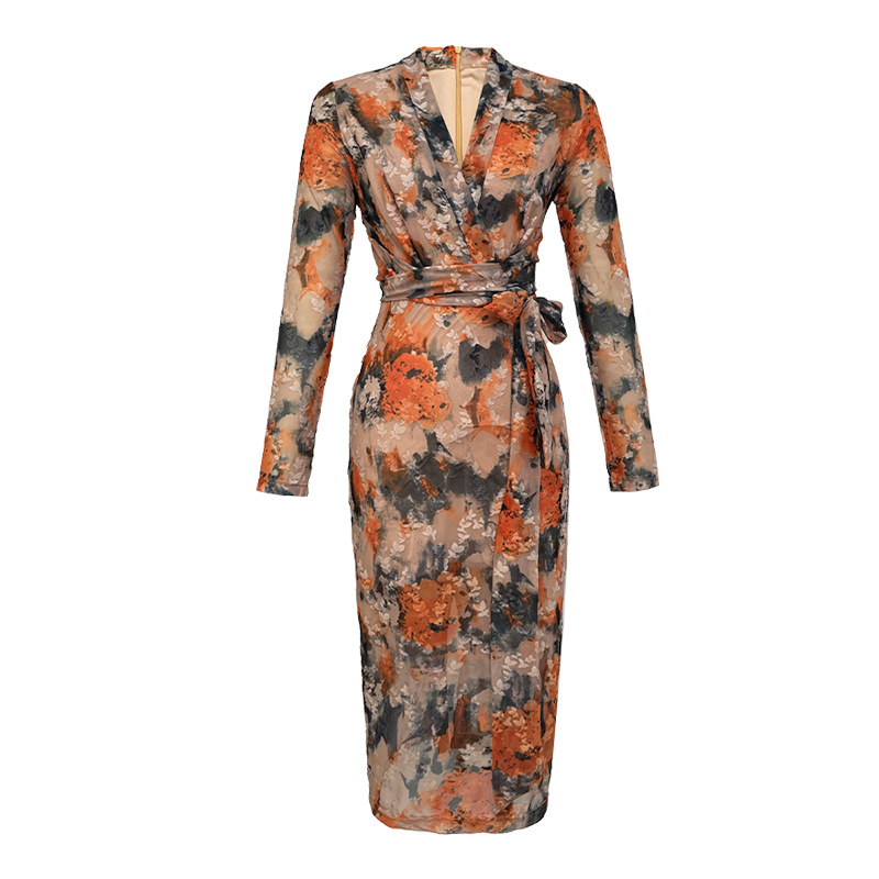 New French Vintage Print Slim Fit Lace Up Dress