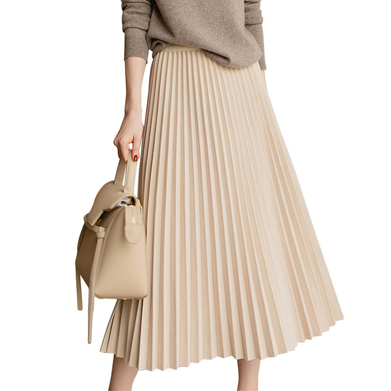 Versatile Light And Familiar Solid Color Pleated A-line Skirt