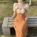 Vintage Flower Square Neck Panel Puff Sleeve Dress