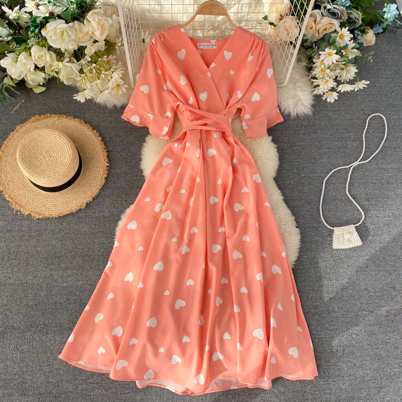 Short-sleeved Waist Goddess Temperament Over-the-knee Large-length Skirt Dress