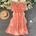 Short-sleeved Waist Goddess Temperament Over-the-knee Large-length Skirt Dress