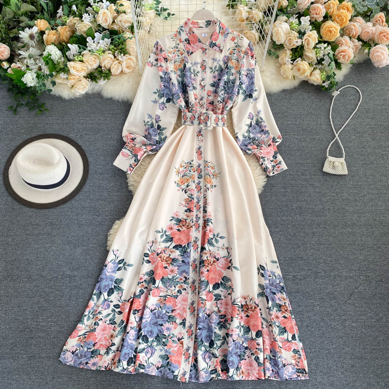Dress Lapel Trend Retro Printing Long-sleeved Waist Was Thin