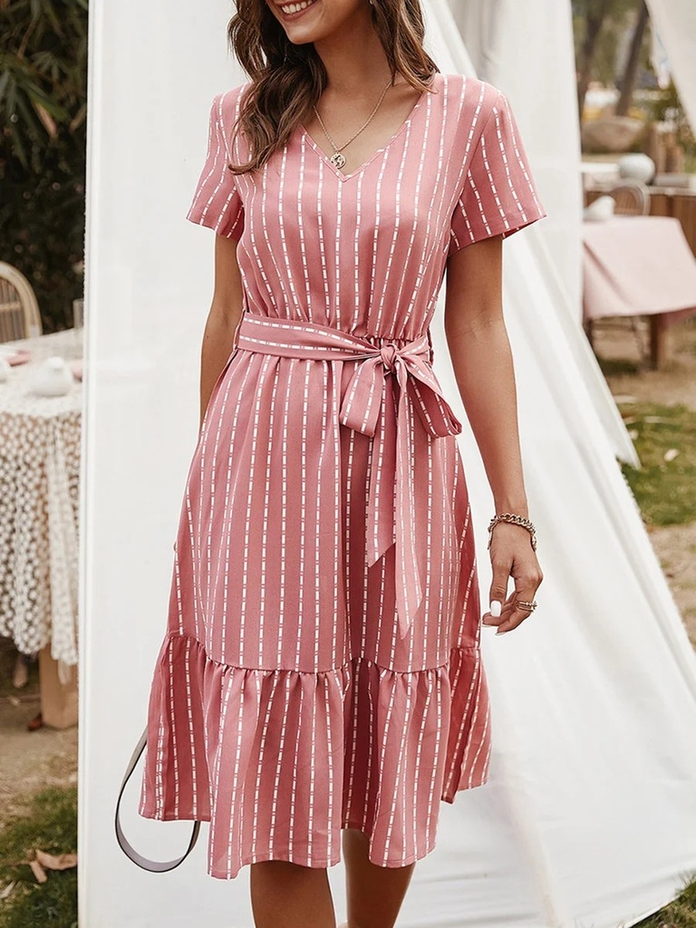 Mid-Length, Short-Sleeved, Lace-Up, Women's Mid-Length Dress