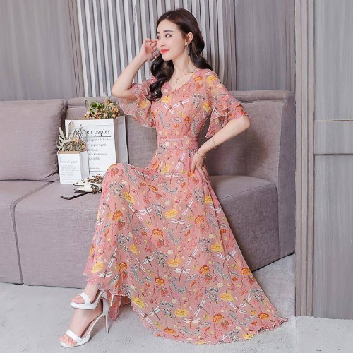 Lotus Leaf Sleeve High Waist Over The Knee Super Fairy Plus Size Floral Short Sleeve Dress