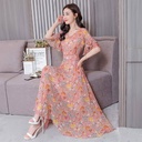 Lotus Leaf Sleeve High Waist Over The Knee Super Fairy Plus Size Floral Short Sleeve Dress