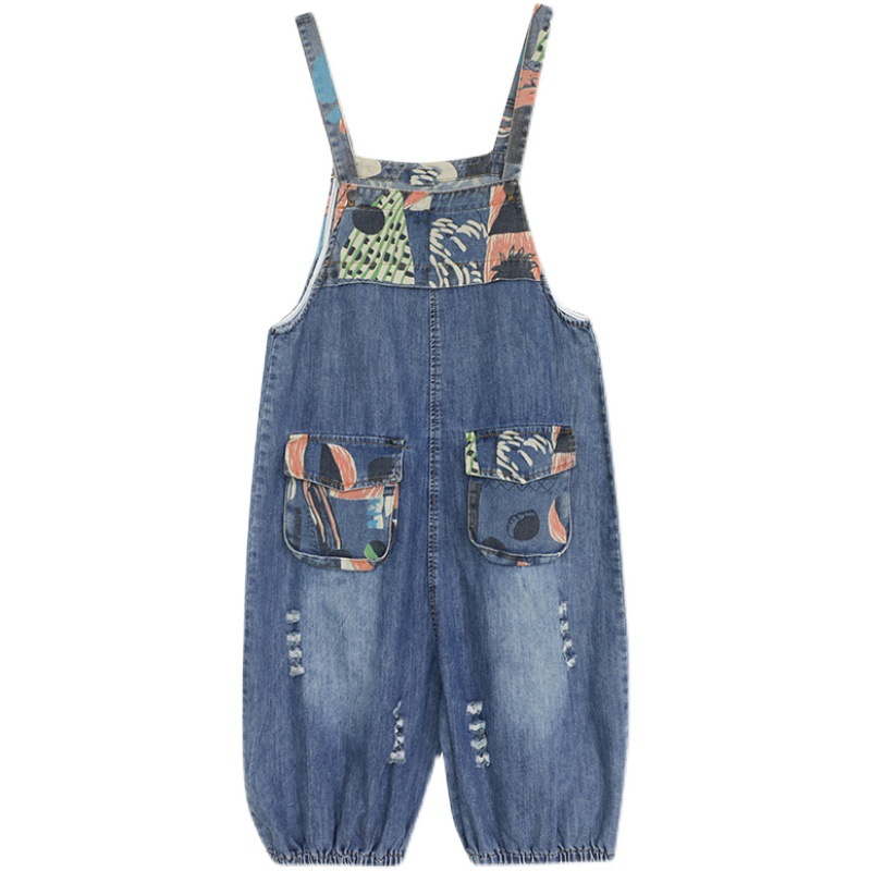 Age-reducing Denim Overalls Shorts Women's Printed Stitching Casual