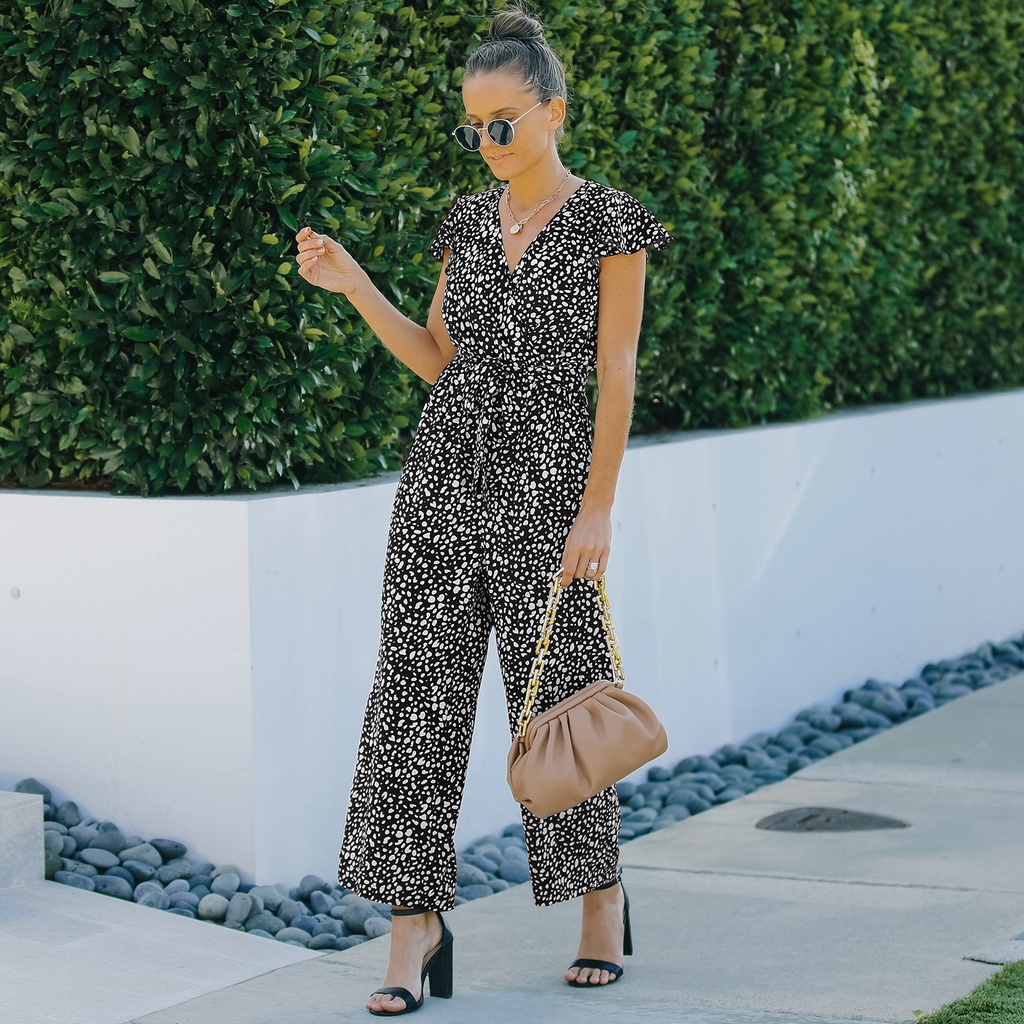 V-neck Floral Chiffon Jumpsuit Wide-leg Pants