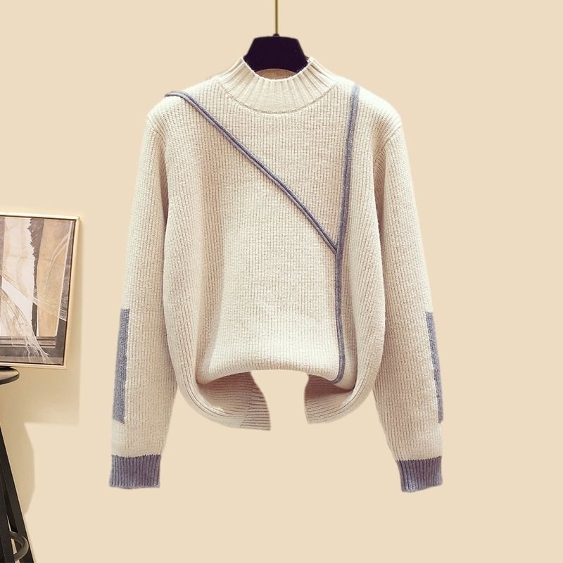 طقم ثلاثي نسائي جديد مكون من سترة سميكة بياقة عالية وسروال واسع