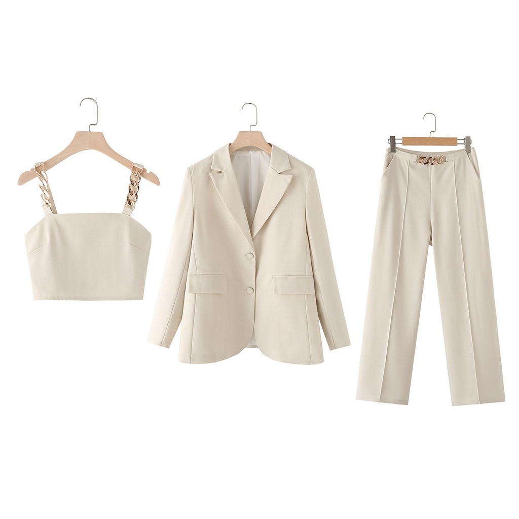 Women's Temperament Entry Lux Workplace Metal Chain Suit Pants Three-piece Set